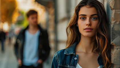 Fototapeta premium Young Woman Standing Against Urban Wall with Man in Background, Capturing Contemplative Street Style