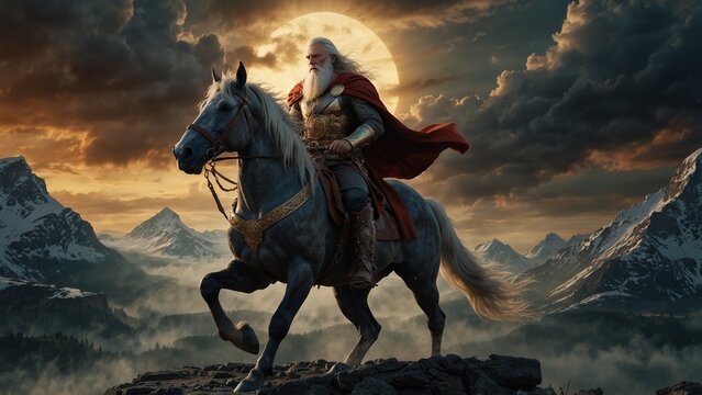 Depict Odin, the Norse Allfather, riding his eight-legged horse Sleipnir, set against Odin&rsquo;s palace Valhalla and Norse landscapes, symbolizing wisdom and the glory of warriors.