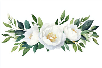 Fototapeta premium Elegant watercolor illustration of regal floral arrangement featuring white peonies and lush green leaves, perfect for wedding decor and invitations