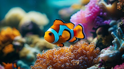 A Vibrant Orange and Blue Clownfish Swimming Near a Coral Reef