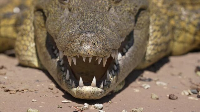 The Nile crocodile (Crocodylus niloticus) is a large crocodilian native to freshwater habitats in Africa. This croc is basking on the banks of the Chobe river, Botswana. Slow motion, 25 percent