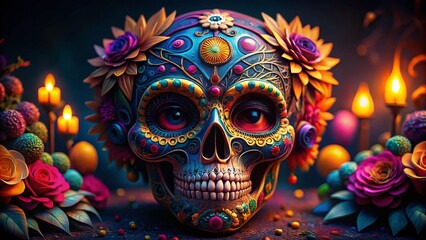 Vibrant and Artistic Colorful Sugar Skull Design for Celebrating Day of the Dead Traditions and Culture