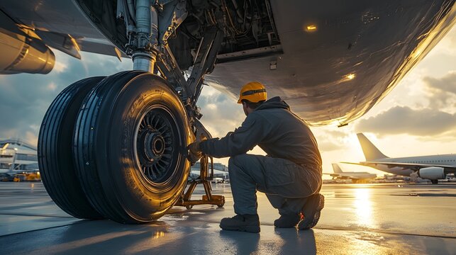 An aircraft technician inspects and tightens the landing gear of a large airplane at sunset, ensuring maintenance and safety before the flight. - Powered by Adobe