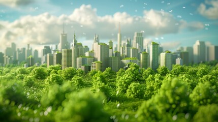 An animated cityscape showing green buildings and parks, representing sustainable urban development and harmony with nature 3D cartoon