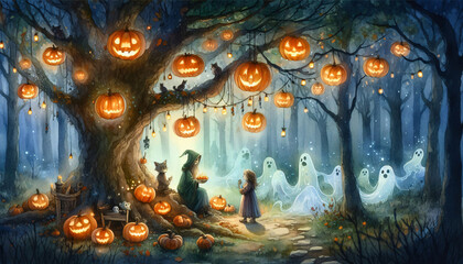 fantasy halloween - fantasy forest ghost, kids and robot friends