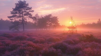 Sunrise during an early morning over blossoming heather in the Veluwe nature reserve, the Netherlands. There are some trees in the field.