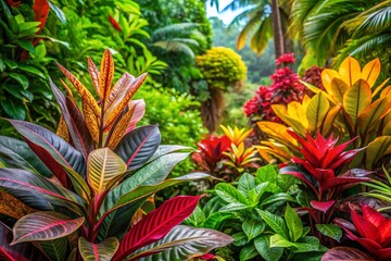 Fototapeta premium Vibrant and Colorful Tropical Plants with Upright Leaves in a Lush Garden Setting Under Sunlight