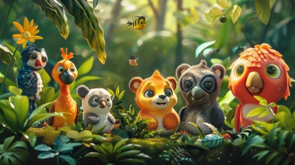 Obraz premium Cartoon animals from different species living together peacefully in a vibrant forest, symbolizing biodiversity and ecological balance 3D cartoon