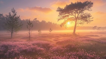 Sunrise during an early morning over blossoming heather in the Veluwe nature reserve, the Netherlands. There are some trees in the field.