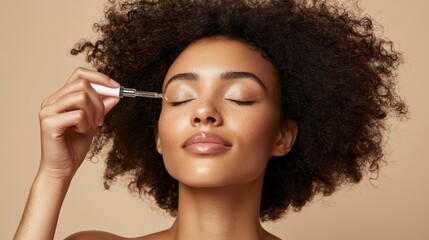 Obraz premium A woman gently applying face serum, hands holding the dropper. for skincare advertising.