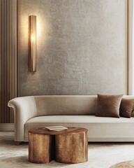 A modern living room interior with a beige sofa, a brown coffee table, and a wall lamp.