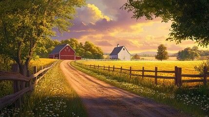 A serene and picturesque scene of a dirt road winding through lush green and golden fields on a tranquil farm at dusk. This beautiful landscape features wooden fences and shady trees lining the road, 