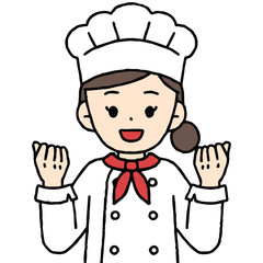 ガッツポーズをするパティシエの女性