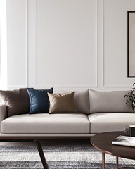 A modern living room with a light grey sofa, brown wooden legs, and a coffee table with a book on top.