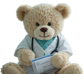 Teddy bear wearing doctor's clothes and holding medical records on transparent background