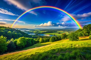 Fototapeta premium Vibrant Arch Rainbow Over Scenic Landscape with Lush Greenery and Clear Blue Sky Background