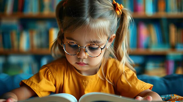 Beautiful little girl reading a book. Created with Generative AI.