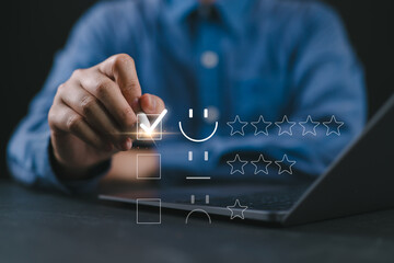 Customer review satisfaction feedback survey concept. User give rating to service excellent...