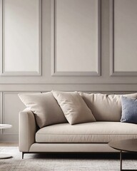 Fototapeta premium A modern sofa with beige upholstery and pillows, set against a wall with white molding.