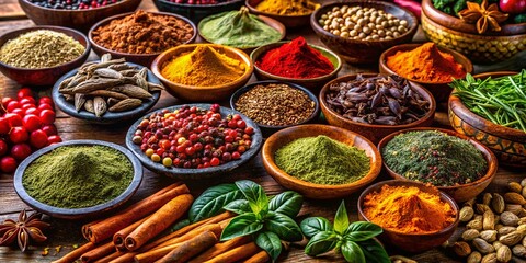 Fototapeta premium Vibrant assortment of Indian herbs showcasing their rich colors and textures on a wooden surface