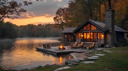 Fototapeta premium Cozy lakeside cabin at sunset with outdoor seating and fire pit.