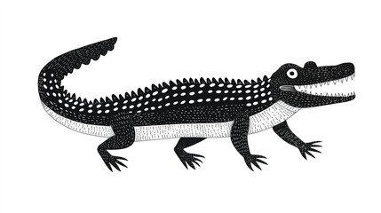 Fototapeta premium Minimalistic Black and White Illustration of a Crocodile or Alligator, Stylized Design with Elongated Body, Curved Tail, Sharp Teeth, and Textured Skin, Bold Line Art