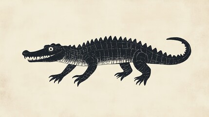 Fototapeta premium Minimalistic Black and White Illustration of a Crocodile or Alligator, Stylized Design with Elongated Body, Curved Tail, Sharp Teeth, and Textured Skin, Bold Line Art