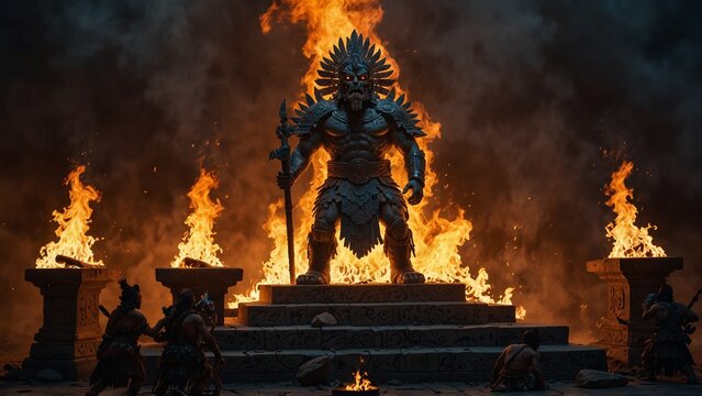 Show Tezcatlipoca, the Aztec god of war, guarding amidst flames, set against a burning altar and fervent followers, symbolizing the power of war and fire.