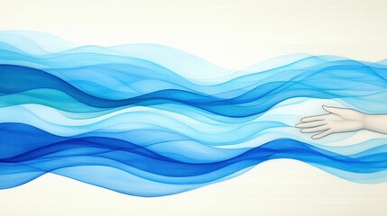 Fototapeta premium Concept about the promise. An abstract illustration of flowing blue waves with a hand reaching out, symbolizing connection and fluidity in a minimalist design..