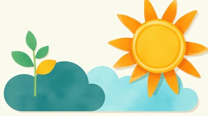 A cheerful illustration of a sunny day with fluffy clouds, a sprouting plant, and a bright orange sun, symbolizing growth and warmth..