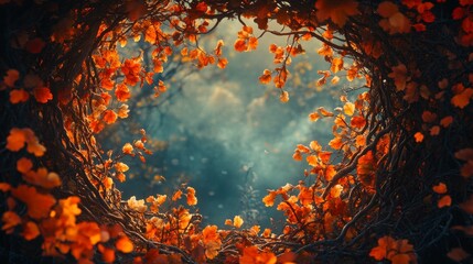 A Circular Frame of Autumn Leaves and Branches