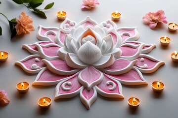 Simple minimalist line art of a rangoli design surrounded by diyas, capturing the festive spirit of Lakshmi Puja in soft, glowing hues