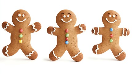 Fototapeta premium Three cheerful gingerbread cookies with icing and colorful buttons on a white isolated background.