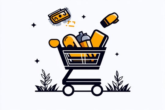 recommend clip art: Simple minimalist line art of a shopping cart and a few floating groceries, representing retail shopping in clean, simple lines