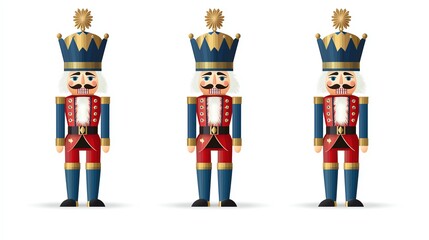 Colorful decorative nutcracker figures standing proudly, white isolated background.