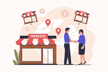 Franchise network business model concept. Illustration for website, landing page, mobile app, poster and banner. Trendy flat vector illustration