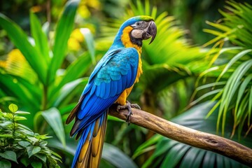 Vibrant Blue and Gold Parrot Perched on a Branch in a Lush Green Tropical Environment