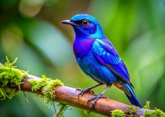 Obraz premium Vibrant Blue and Purple Bird Perched on a Branch Against a Natural Green Background in Nature