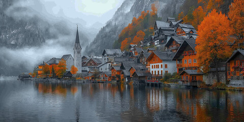 Hallstat village in Austria mountain valley near lake Mountains landscape and Vintage House