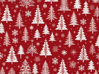 abstract Winter Christmas pixel pattern in bright red and white with stylized Christmas trees and snowflake ornaments