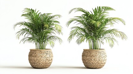 Fototapeta premium Pair of lush green potted plants in stylish woven baskets, white isolated background.