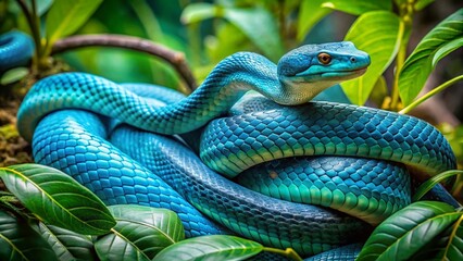 Vibrant Blue Rainforest Snakes Camouflaged Among Lush Greenery in a Tropical Jungle Setting