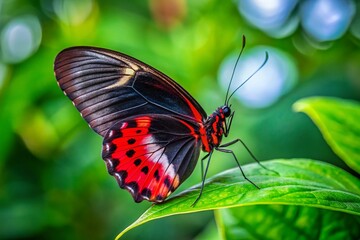 Fototapeta premium Vibrant Butterfly with Black Wings and Red Spots Perched on a Leaf in a Lush Green Environment
