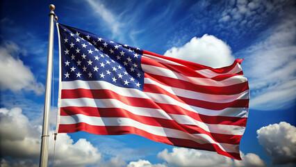Obraz premium American flag unfurled, symbolizing freedom and patriotism under a vibrant cloudscape.”
