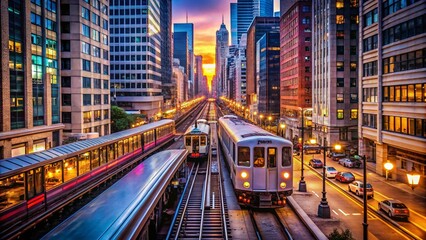 Obraz premium Vibrant Chicago Mass Transit System with Train, Bus and Urban Landscape in a Bustling City Scene