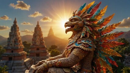 Fototapeta premium Sculpt Quetzalcoatl, the Aztec sun god, radiating light in a temple, set against a grand festival scene and golden radiance, symbolizing the power of light and life.