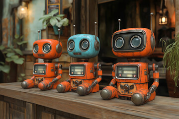 Fototapeta premium Three cute vintage robot toys at home, Generative AI image. 