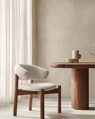A white upholstered chair with a wooden frame sits next to a round wooden table with a single vase and a bowl on top.