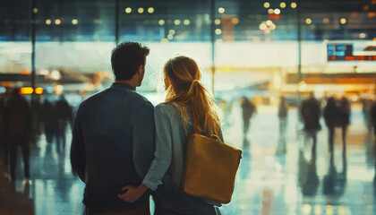 Fototapeta premium Emotional goodbyes at airports or train stations, focusing on connection and separation