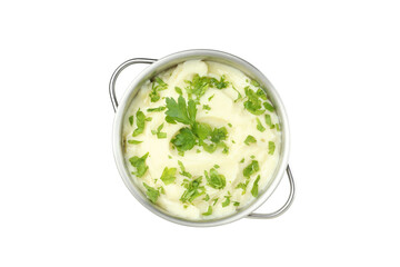 PNG, Mashed potatoes in pan, isolated on white background, top view